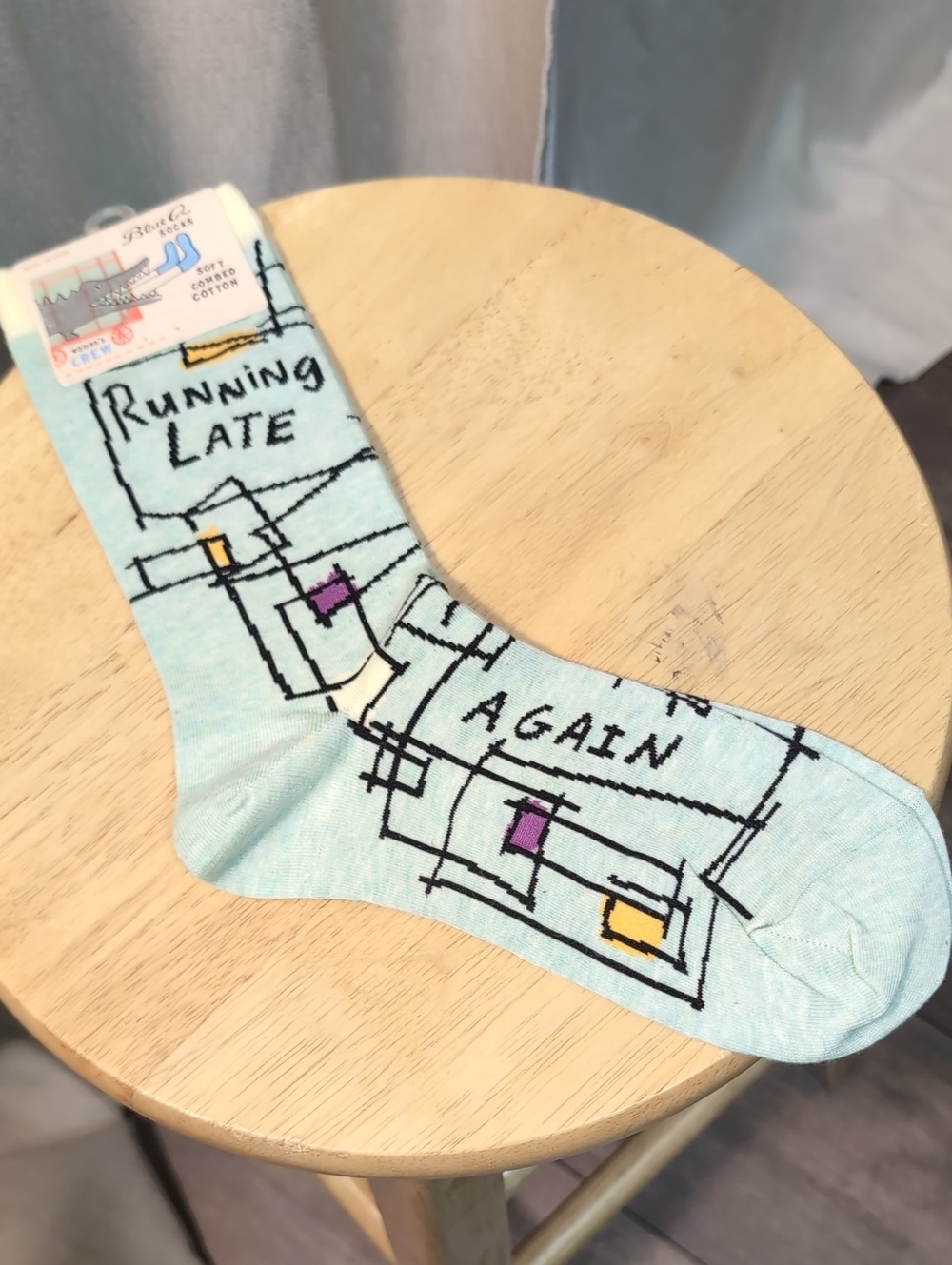 NWT Blue Q "Running Late Again" Funny Novelty Woman's Crew Socks